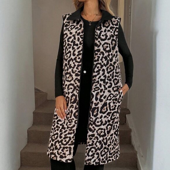 Casual Women's Leopard print Zip up Long Vest Jacket With Pockets - Picture 6 of 6